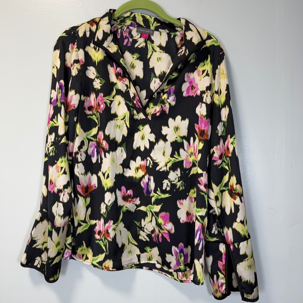 Vince Camuto Womens Floral Long Sleeve Split Neck Blouse Top Black XS NWT - Picture 3 of 10